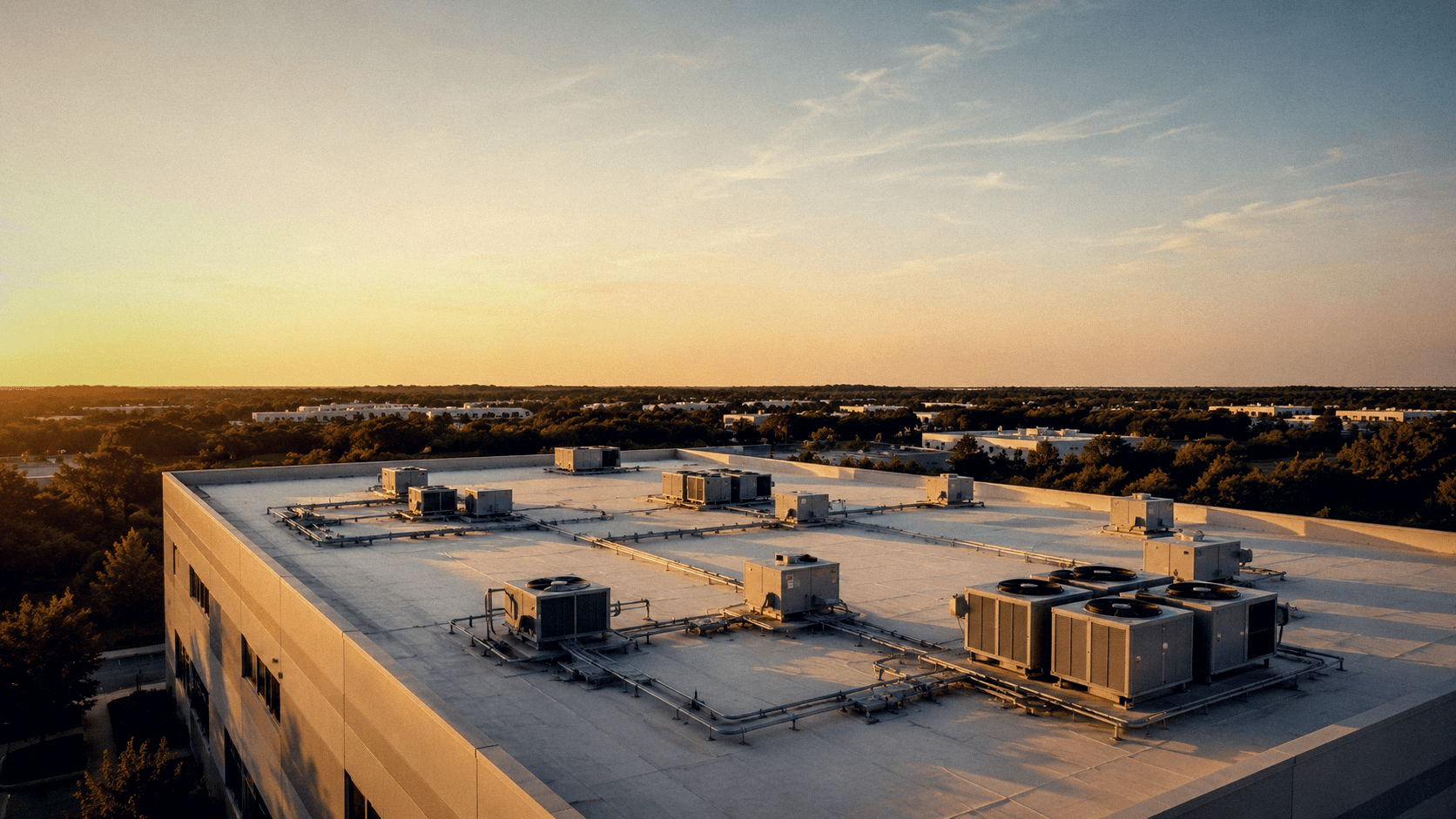 Rooftop commercial HVAC units at sunset over the DFW metroplex